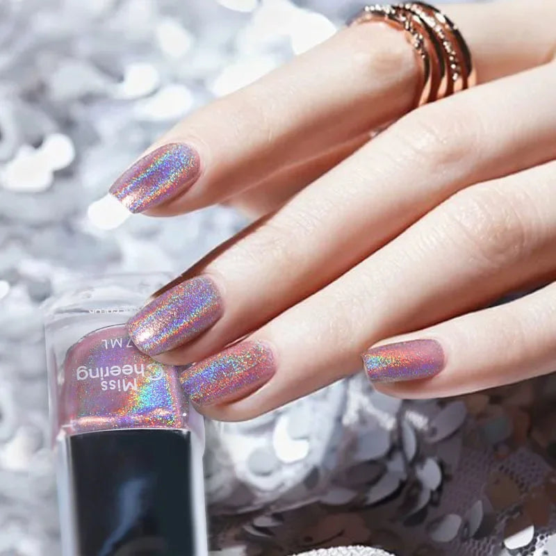 Laser Glitter Nail Polish Seven Color Illusion Laser Nail Polish Holographic Nail Polish Rainbow  3-in-1Water Based Nagel
