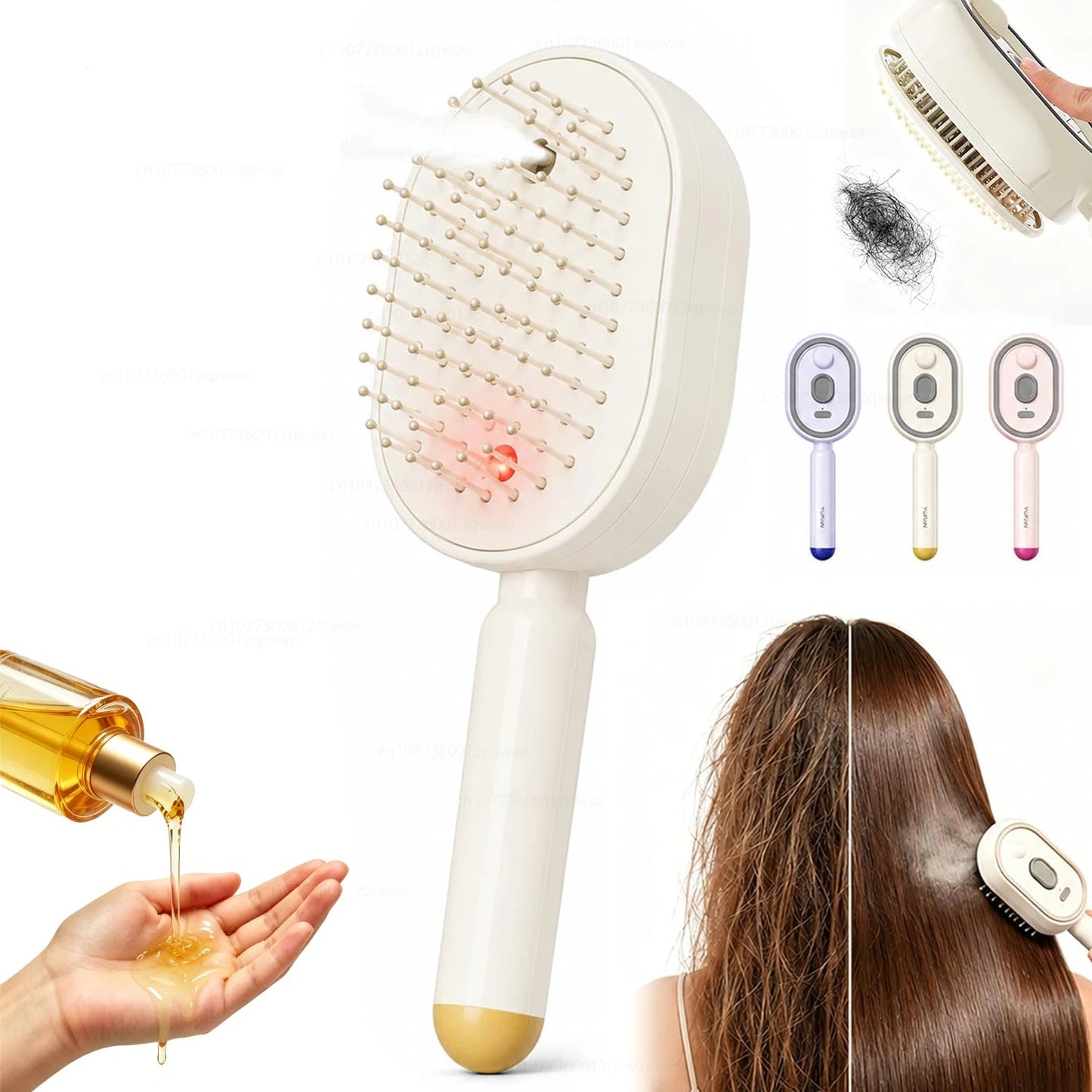 Hairbrush with hair oil, before and after use on hair, and different color options.